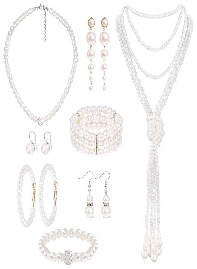 Yymobt 8-Piece Faux Pearl Jewelry Set for Women - Pearl Necklace, Earrings & Bracelets - Wedding, Birthday, Bridal Shower & Tea Party Accessories - 1920s Style Elegant Decor - Image 1